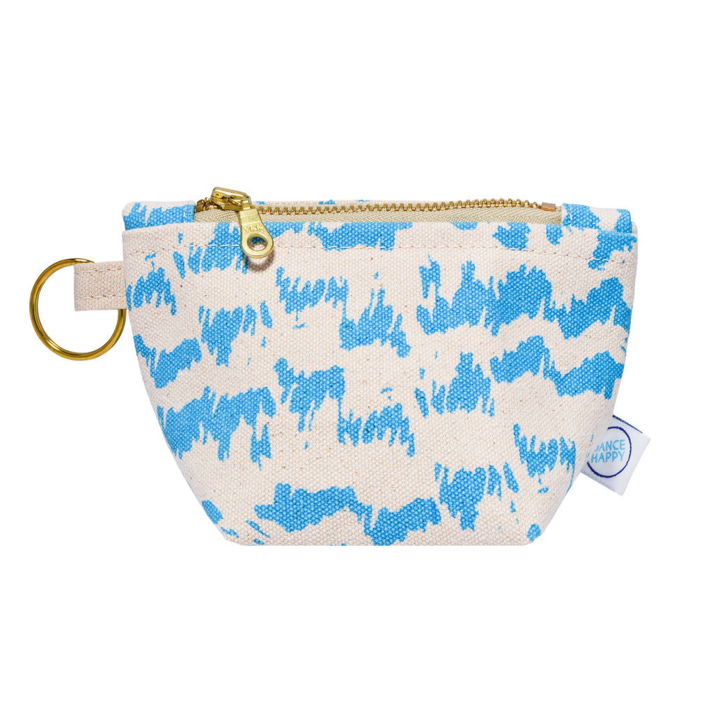 Small pouch with blue abstract pattern on a white background
