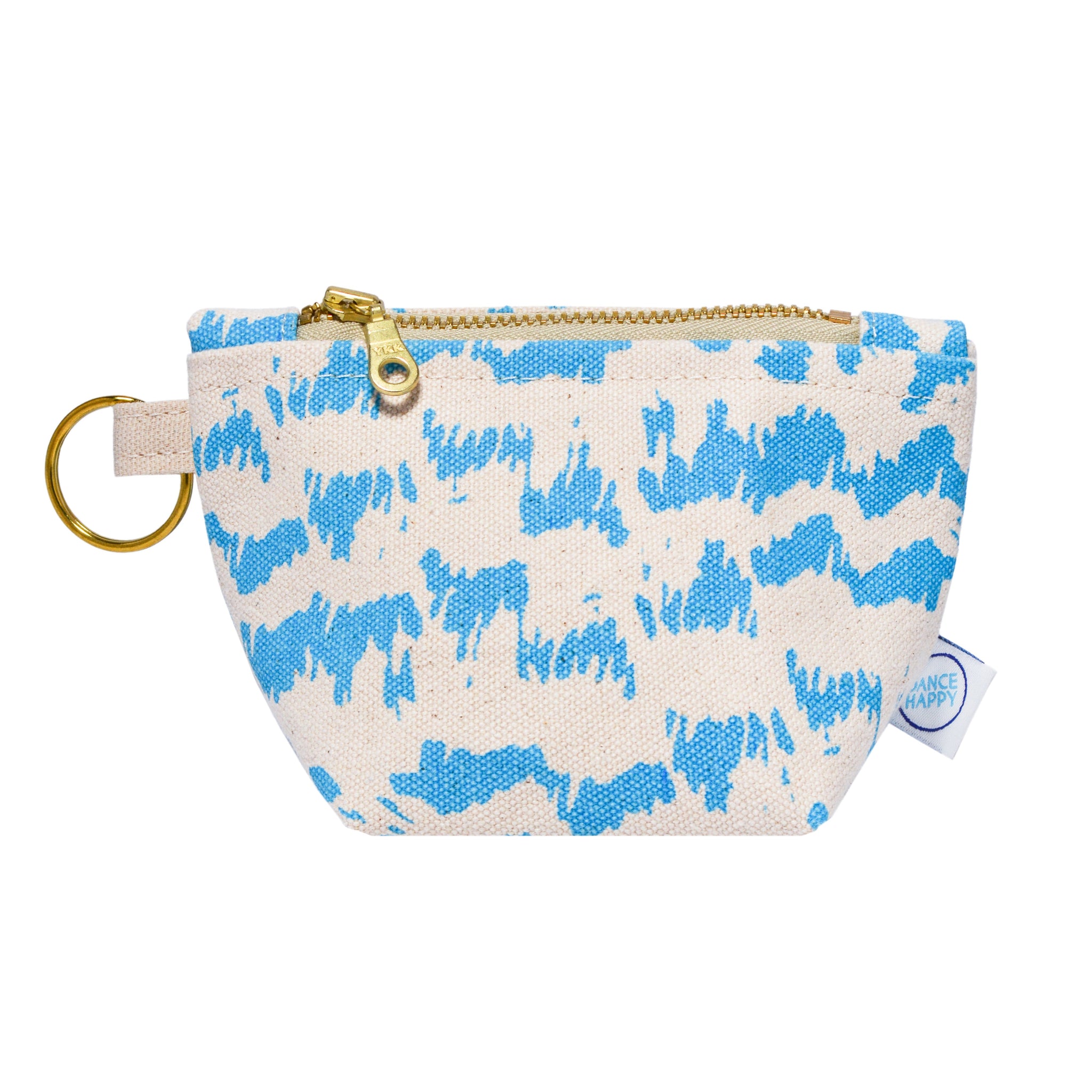 Small pouch with blue abstract pattern on a white background