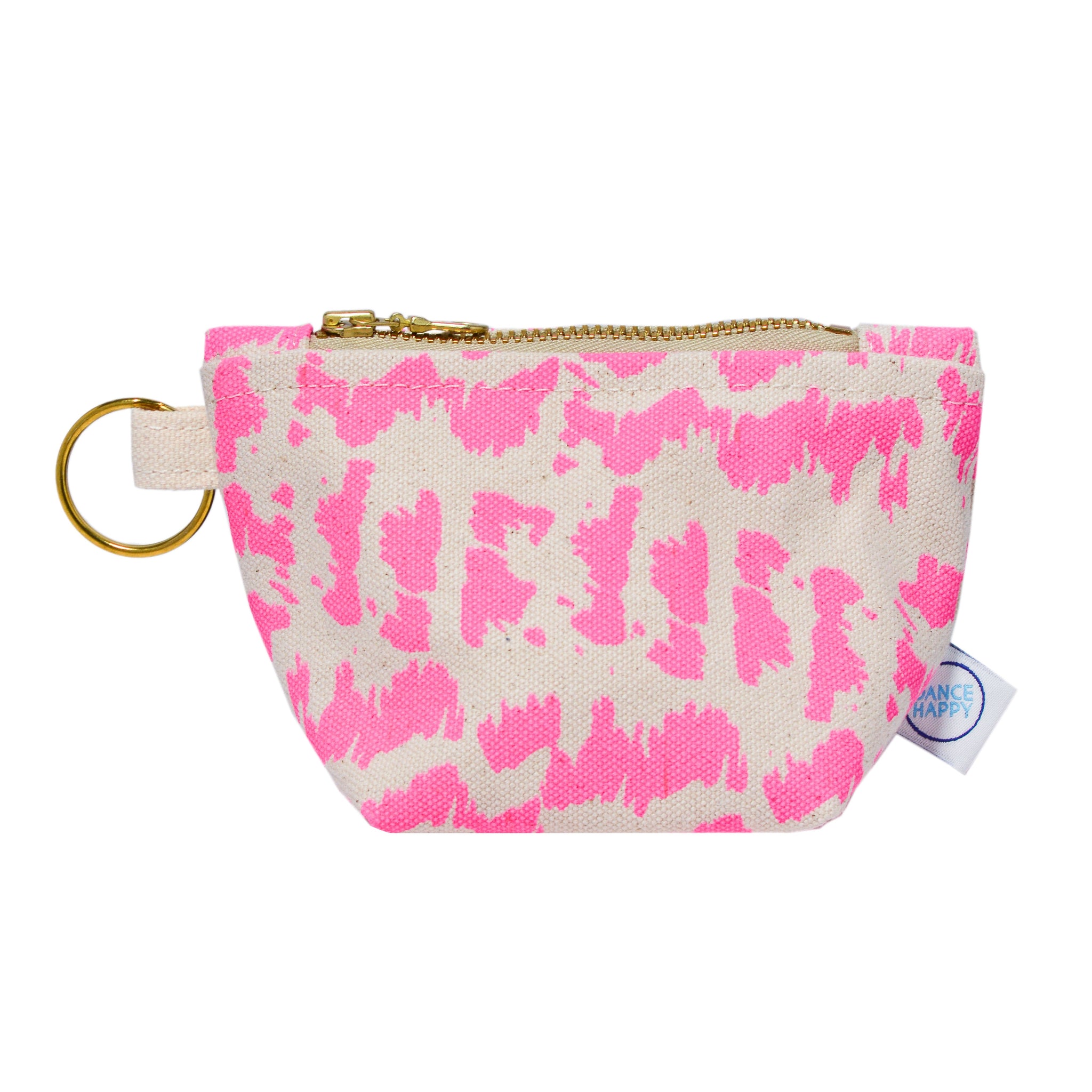 Small pouch with pink and beige pattern on a white background