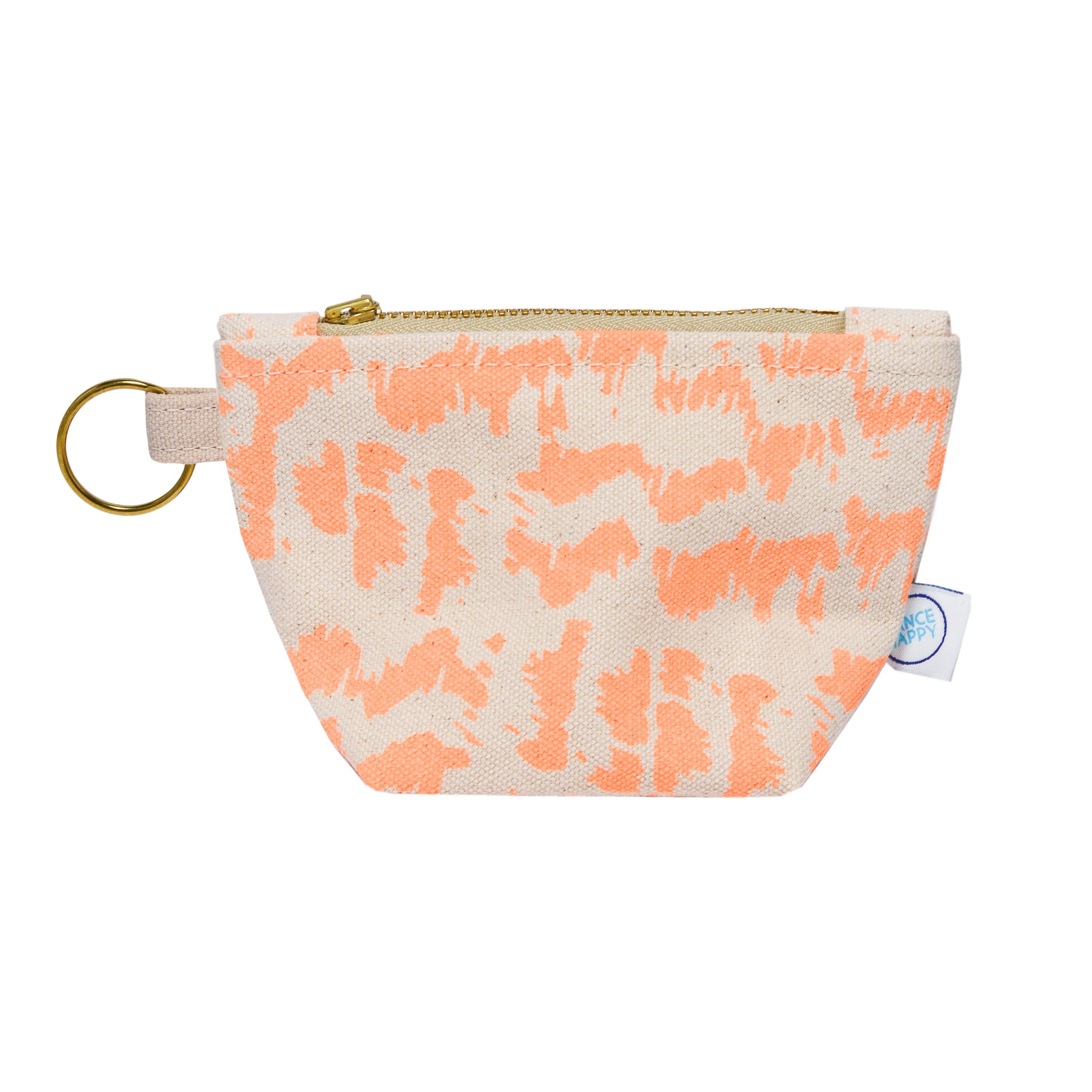 Orange printed fabric zipper bag with keyring on white background