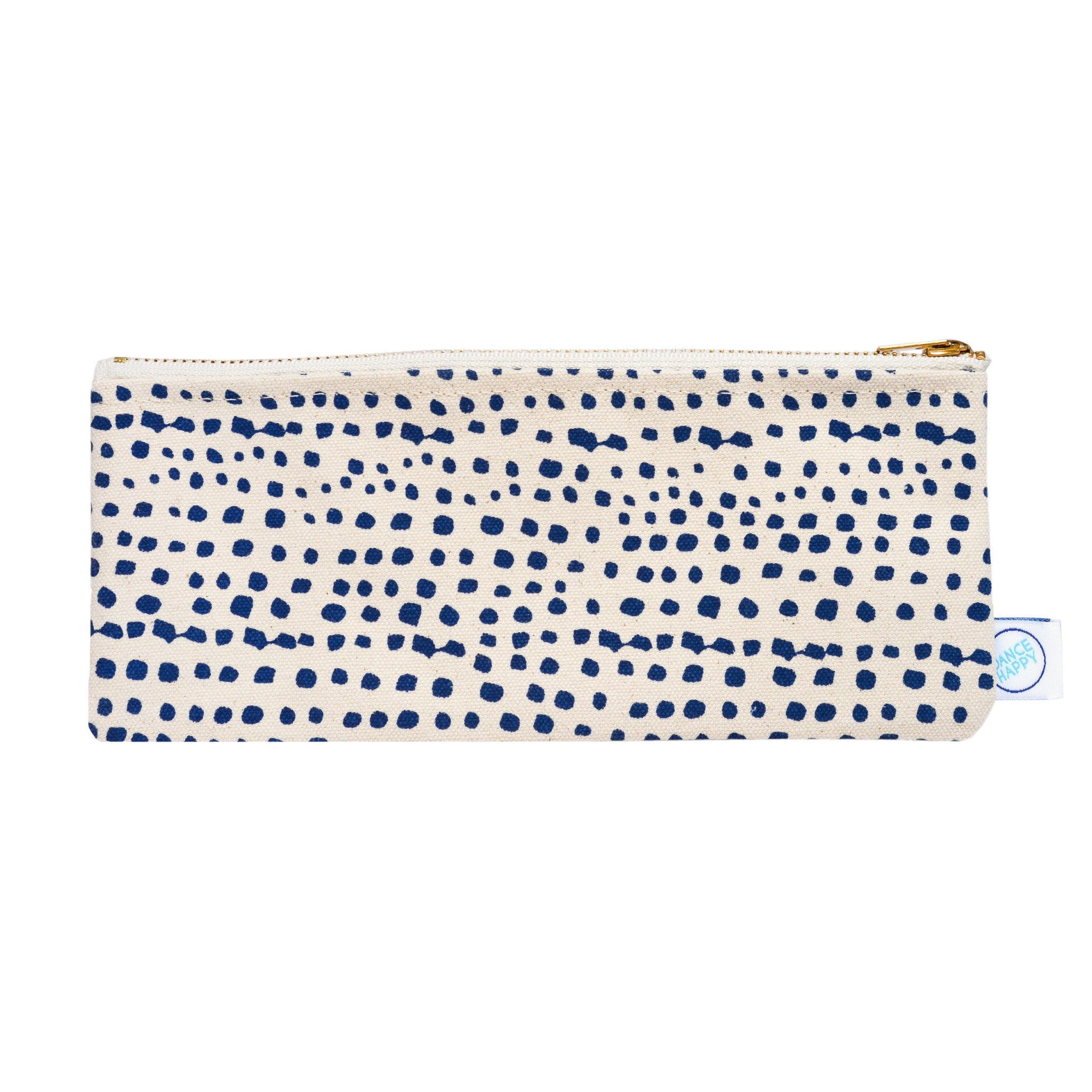 Pouch with blue dot pattern on a white background