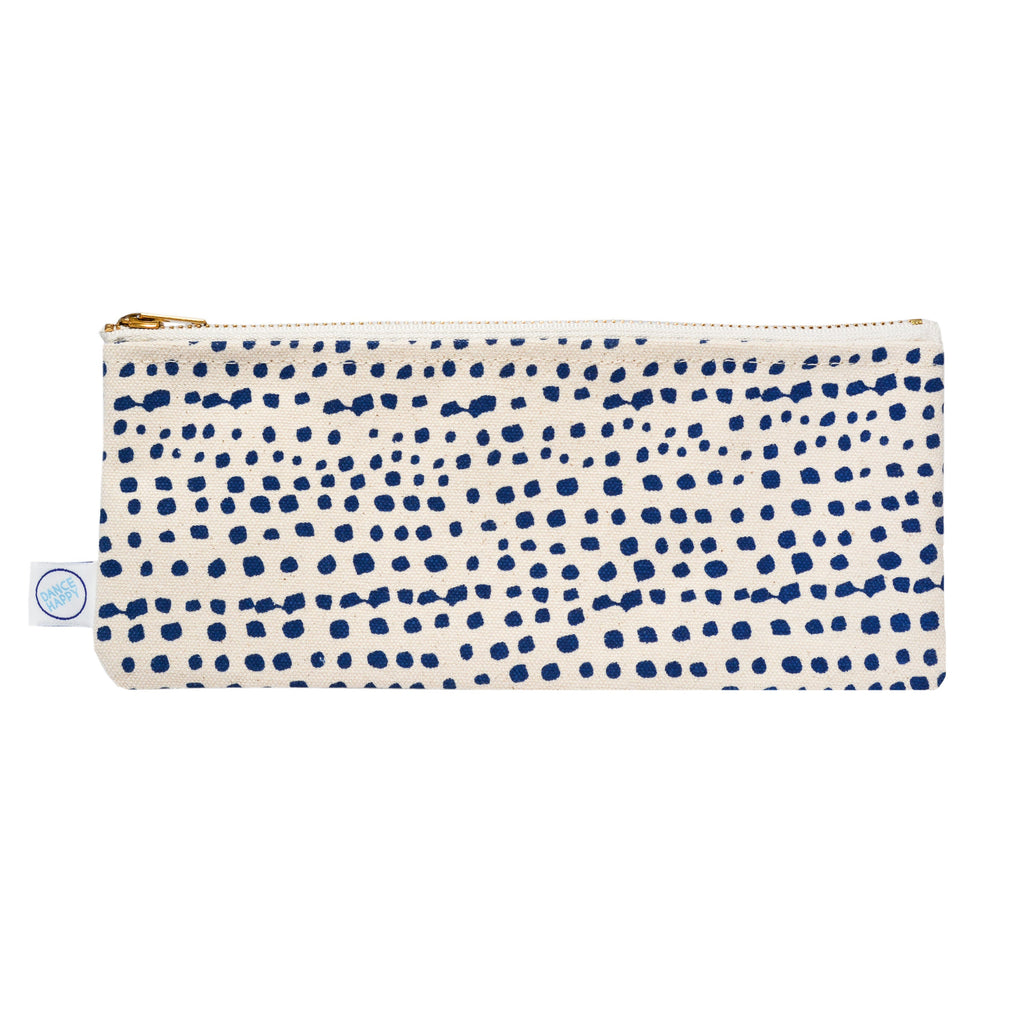 Pouch with blue dot pattern on a white background