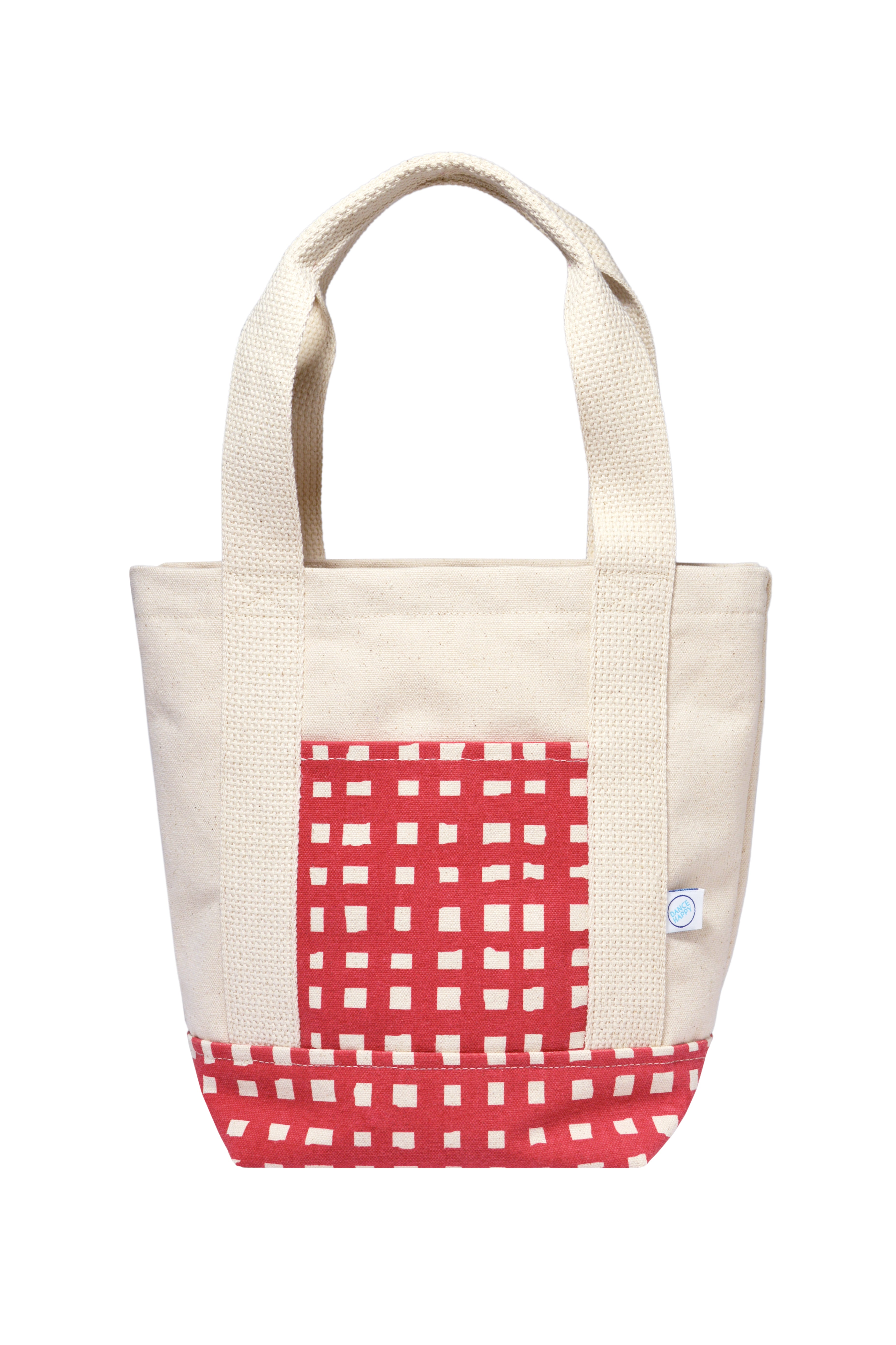 Machine Washable Red Grid Cotton Mini Tote Bag With Pocket